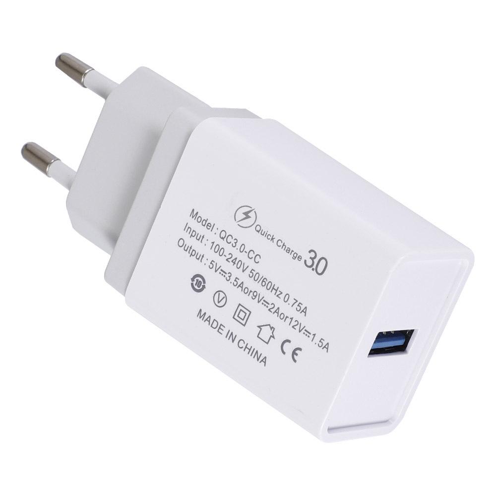 Fast Charging 3A QC 3.0 Mobile Phone Charger, Single Port USB, EU Standard for Travel.