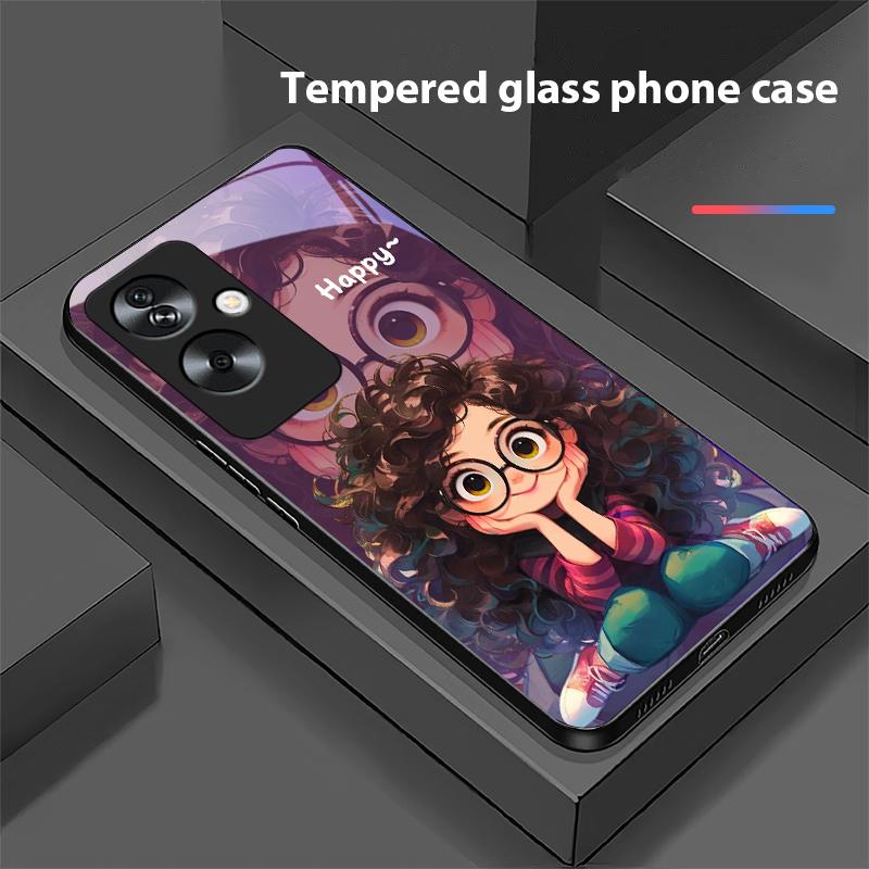 Mädchen mit lockigen Haaren Für Oppo A79 5G 58 78 74 60 4G Reno 11F Realme GT 6 11 Note 50 10 C55 X2 Gehärtetes Glas Schwarze Handyhülle