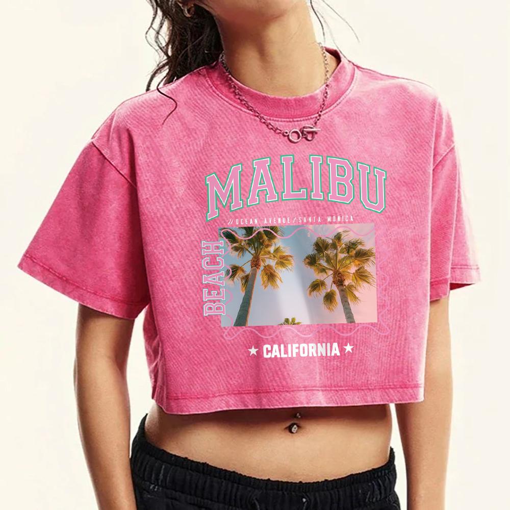 Malibu Coconut Tree California Printed Washed Tee Shirt Women Fitness Summer Tops Retro Short Sleeve Cotton Clothing