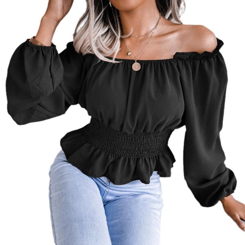 Fashion Elegant Off-shoulder Hem Ruffle Edge Blouse Women Slim Fit Pleated Solid Color Shirt Long Sleeve Casual Simple Short Top Sexy Women's Clothing