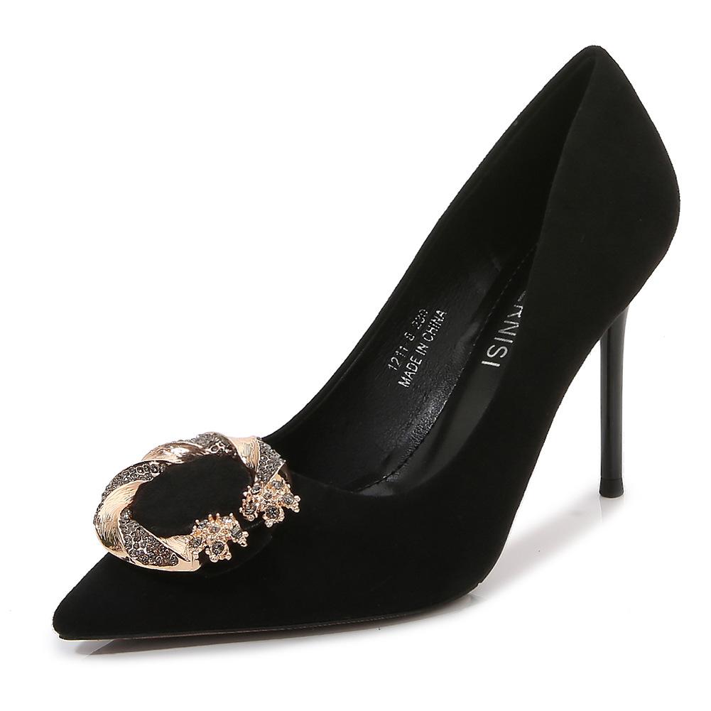 

(распродано и снято с полок) Остроносые модные женские туфли-лодочки, красные бриллиантовые украшения, большой размер, высокие каблуки 44 чёрный