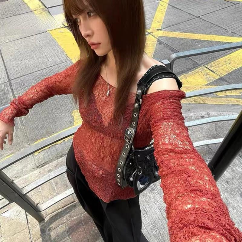 

Франция Винтаж Тонкий О-Образным Вырезом Кружевные Топы Женская Дизайнерская Мода Натуральный С Длинным Рукавом Открытые Вилки Топы Женские Летние Сексуальные Тонкие Эластичные Блузки