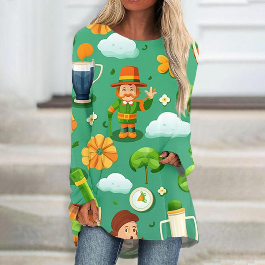 Moda casual pentru femei St. Bluză cu mâneci lungi, lungime medie, cu imprimeu de Ziua Sfântului Patrick