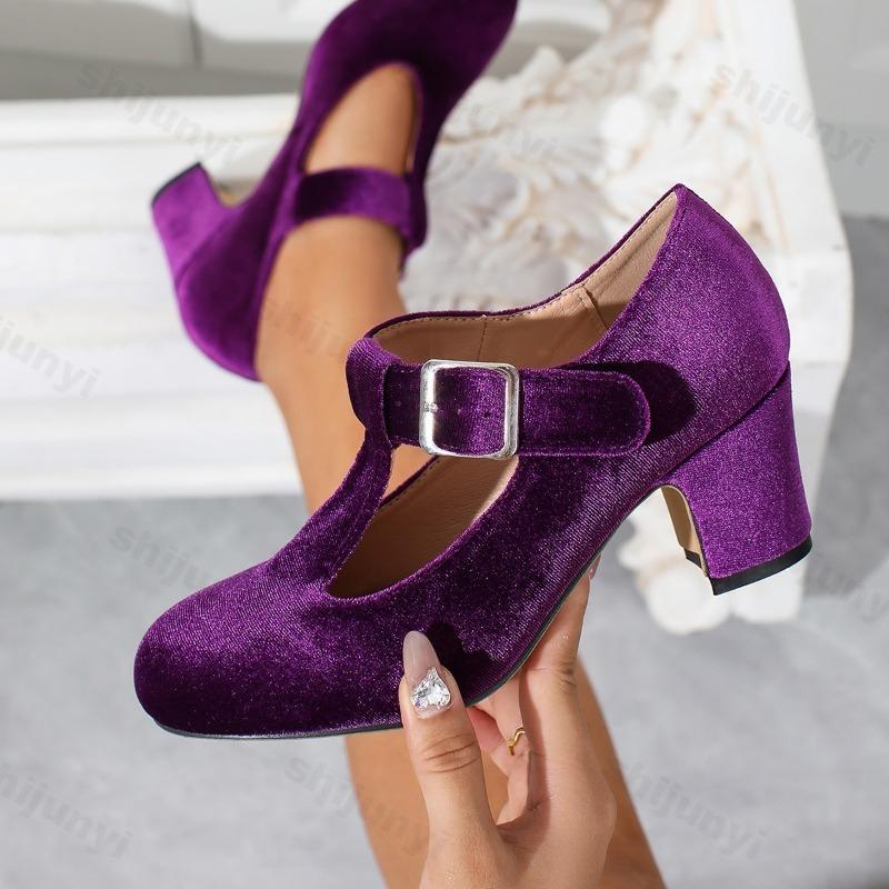 Women's High Heels 2026 Spring Retro Round Toe Velvet Mary Jane Shoes Wine Red Fashion Elegant Luxury Banquet Single Shoes