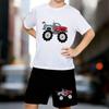 Boys 2 Piece Cartoon Car Printed Outfit, Short Sleeve T-Shirt and Shorts Set for Kids Age 5-14,Black ,White Sporty Casual Summer Clothes