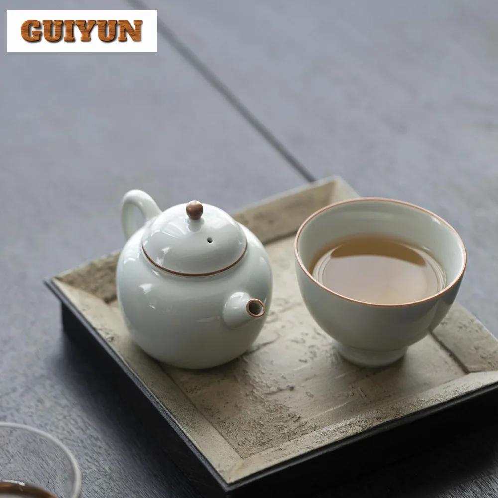 110ml Antique Azure Glazed Ceramic Teapot Handmade Small Pot Tea Brewing Kettle with Filter Tieguanyin Chinese Tea Set Craft