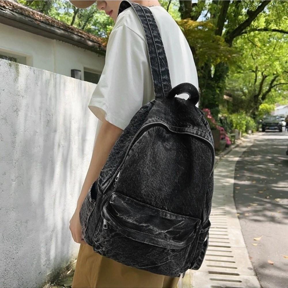 Fashion Lightweight Denim Backpack Large Capacity Multi-pocket Shoulder Bag Solid Color School Bag Women