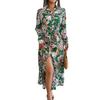 Women Spring Summer Retro Floral Collar Long Sleeve Tie Up Shirt Dress