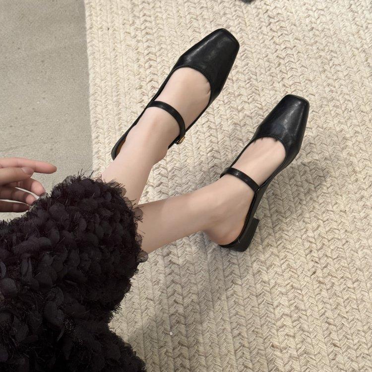 Baotou half slippers women's summer wear 2025 new square head silver Mary Jane shoes French thick heel Muller cool slippers