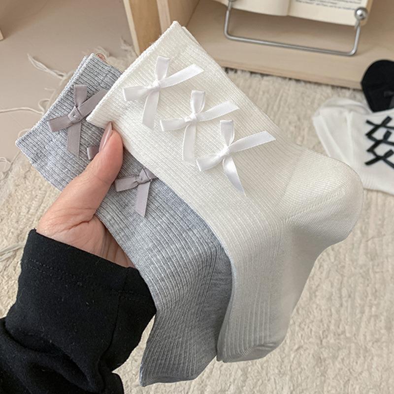 Bow-tie Socks for Girls, Lolita Mary Jane Solid-colored Mid-top Cotton Socks, Versatile for Spring and Autumn