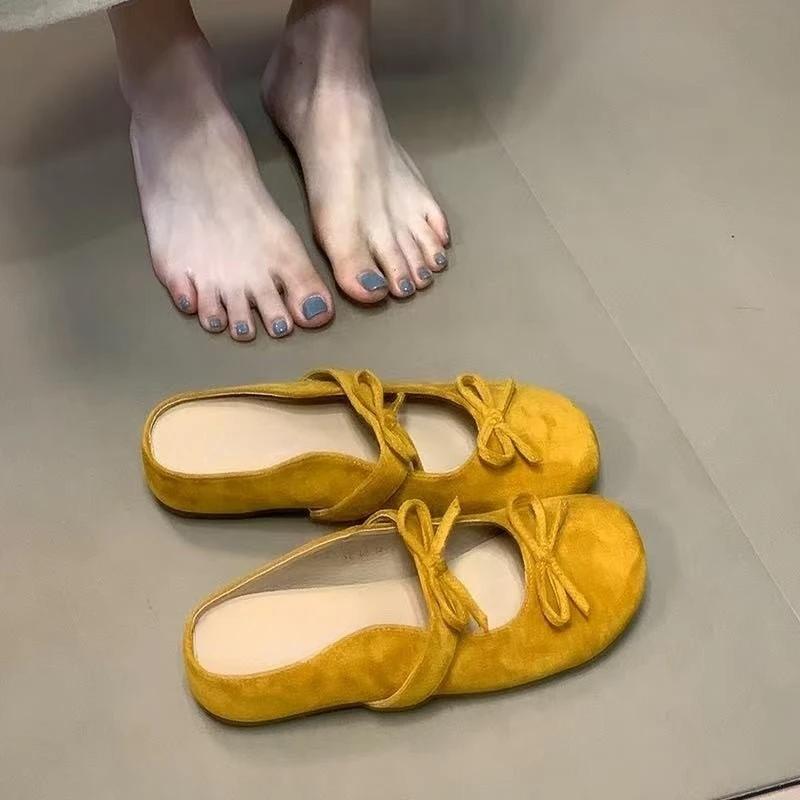 Fashion Flat Inside Increase Slippers Summer New Round Head Shallow Mouth Suede Butterfly Knot Soft Sole Non-slip Shoes