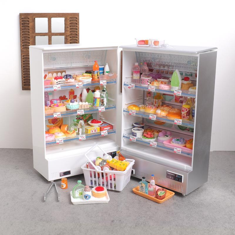 1/12 Scale Dollhouse Miniature Refrigerator Realistic Kitchen Display Furniture with Tiny Food Accessories for Kids Play