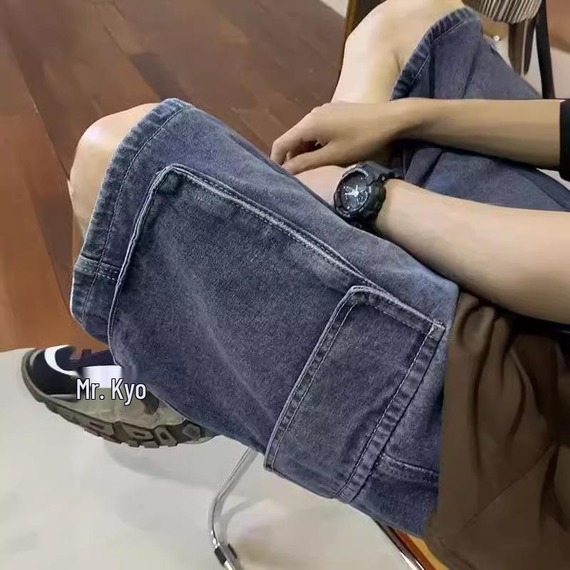 Men's High Street Solid Color Summer Work Shorts with Large Pockets - Trendy Five-Point Style.