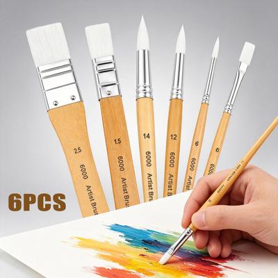 6Pcs Nylon Stencil Brushes Set with Wood Handle Art Painting Watercolor Gouache Painting Brush for Watercolor Paint Art Supplies