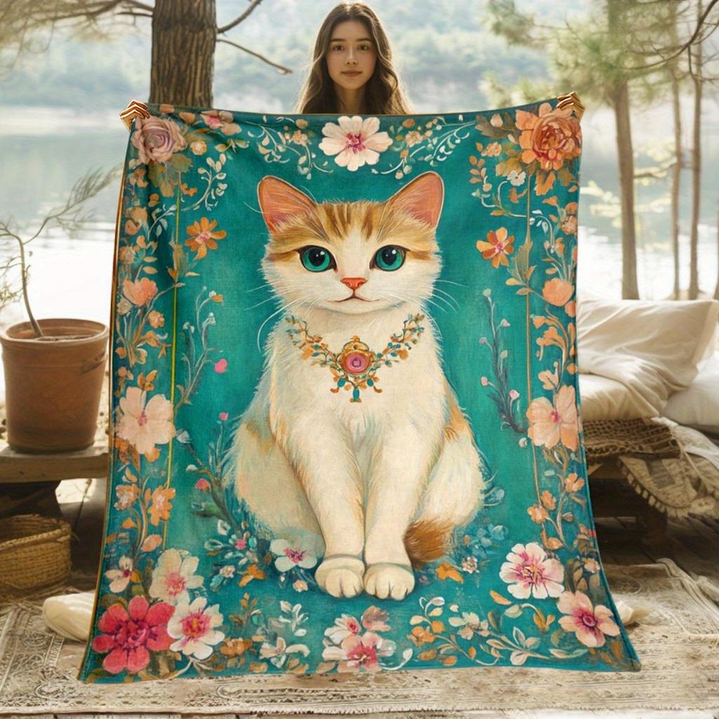 Cat and Flower Pattern Flannel Printed Blanket Suitable for All Seasons Suitable for Living Room Office Sofa and Travel