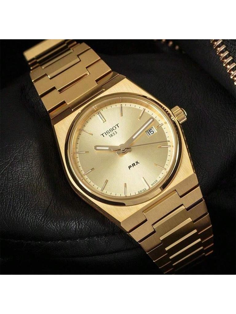 PRX Unisex Stylish Stainless Steel Quartz Watch, 35mm Gold Round Dial with Date Display, Suitable Daily Business, Dating, T137.210.33.021.00