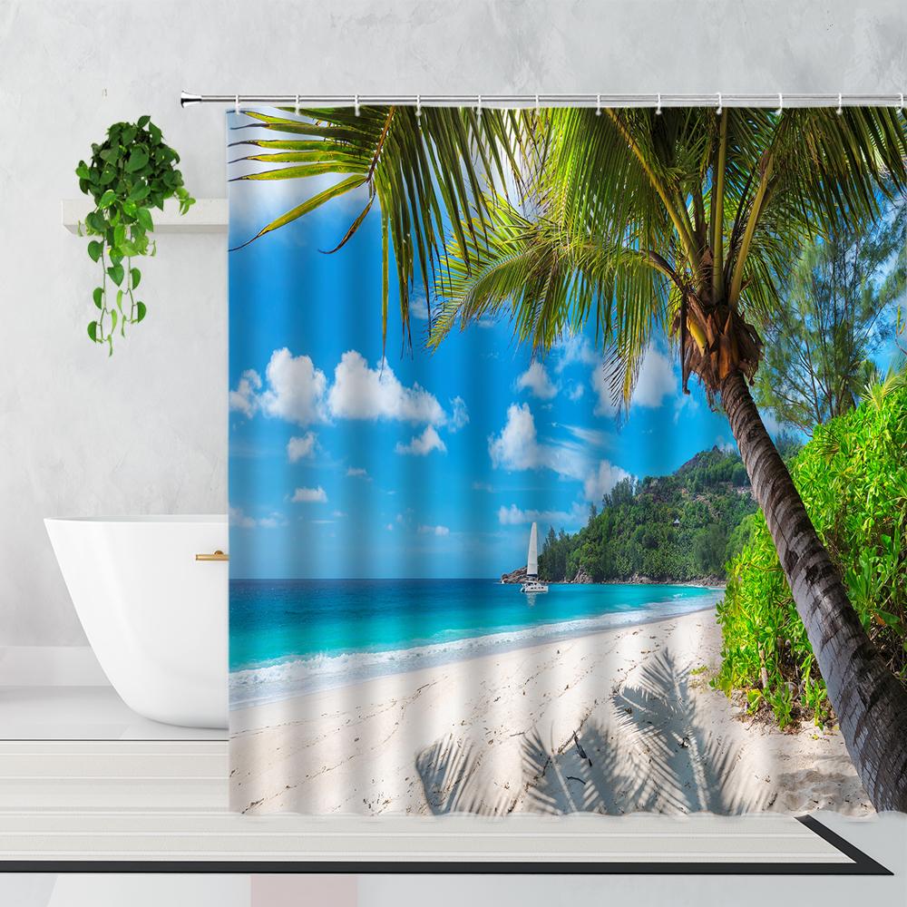 Palm Trees Beach Shower Curtains Sea Waves Island Vacation Hawaii Nature Scenery Summer Fabric Bathroom Decor Bath Curtain Hooks