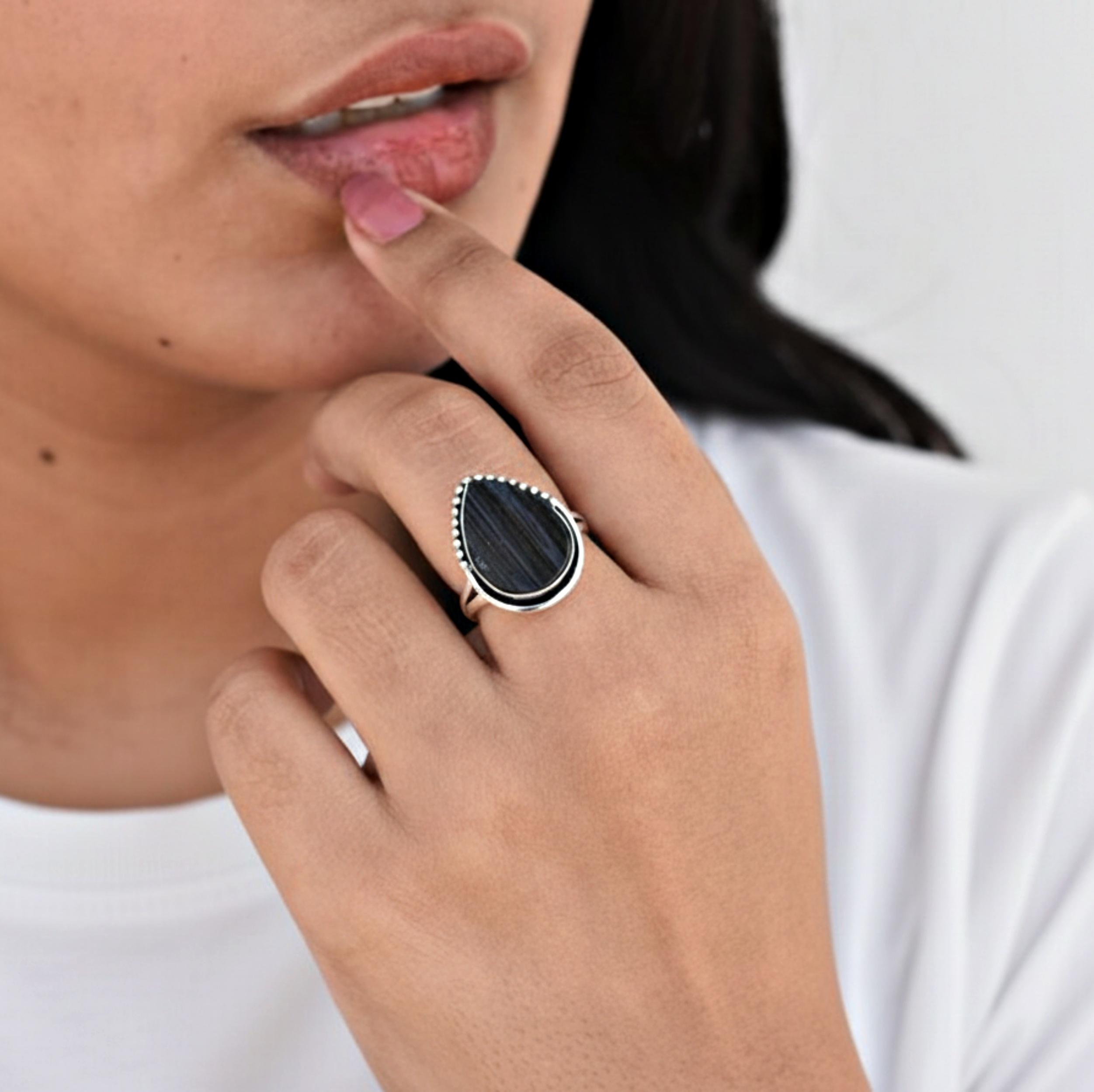 

Raw Black Tourmaline Statement Ring, 925 Sterling Silver, Minimalist Handmade Boho Ring for Women 12