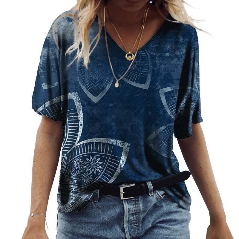 

Women s Floral Print T-Shirt V Neck Short Sleeve Loose Casual Summer Top 5XL