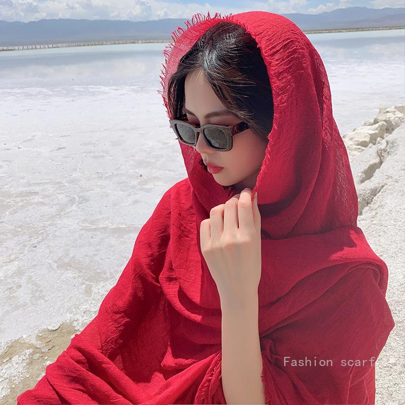 Big Red Po Cotton And Linen Scarf Desert Sunscreen Shawl Seaside Travel Beach Lady Decoration Cotton Scarf Women Luxury