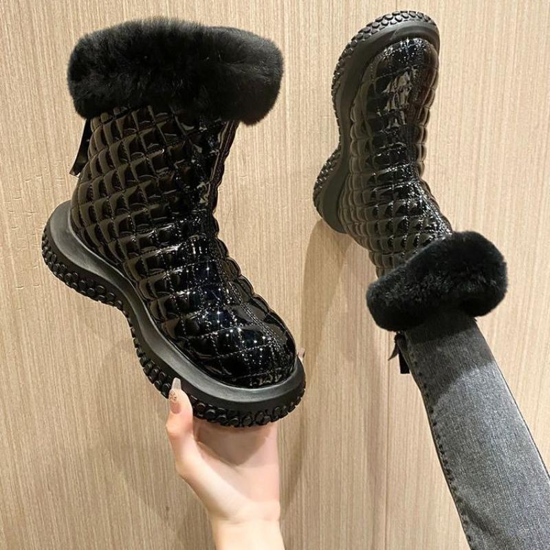 Winter Leather Waterproof Woman Shoes Chunky Round Toe Plush Snow Boots for Women Trend 2025 Boot On Promotion Goth Hot Booties