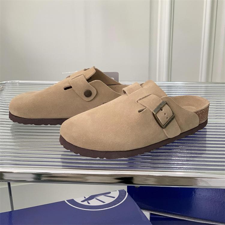 Boken Women's 2025 Autumn Genuine Leather Cork Bottom Suede Closed-Toe Mule Slippers