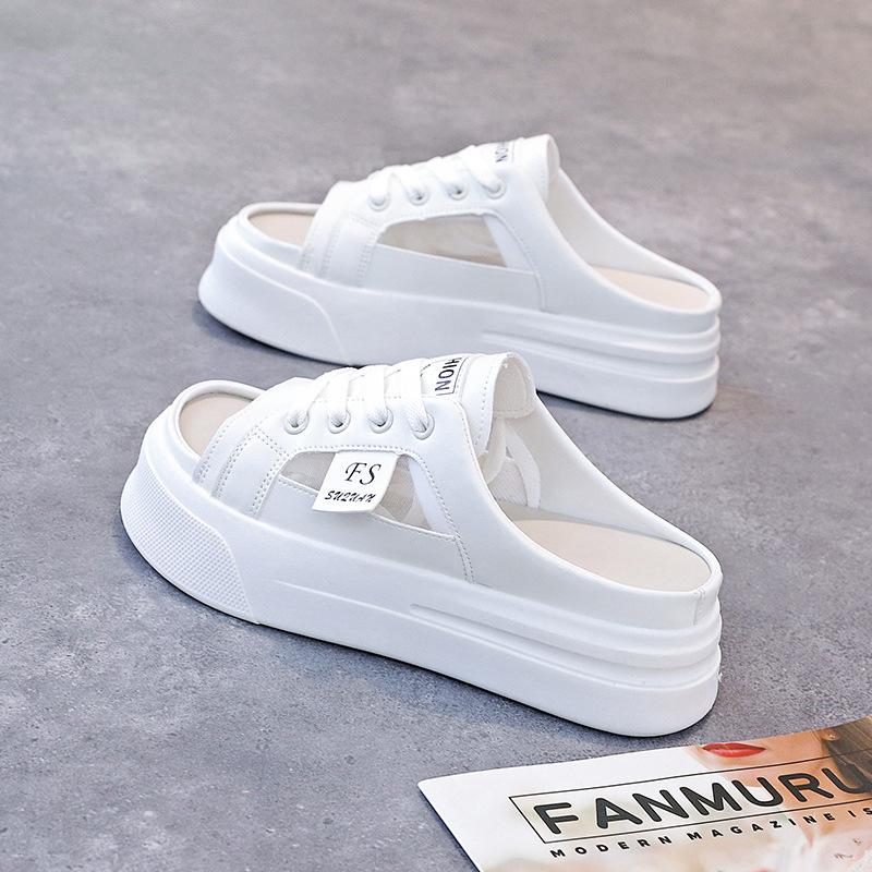 Women's Summer Half-toed White Casual Shoes Thick Soled Heightened Lazy Slip On Breathable Outdoor Sneakers
