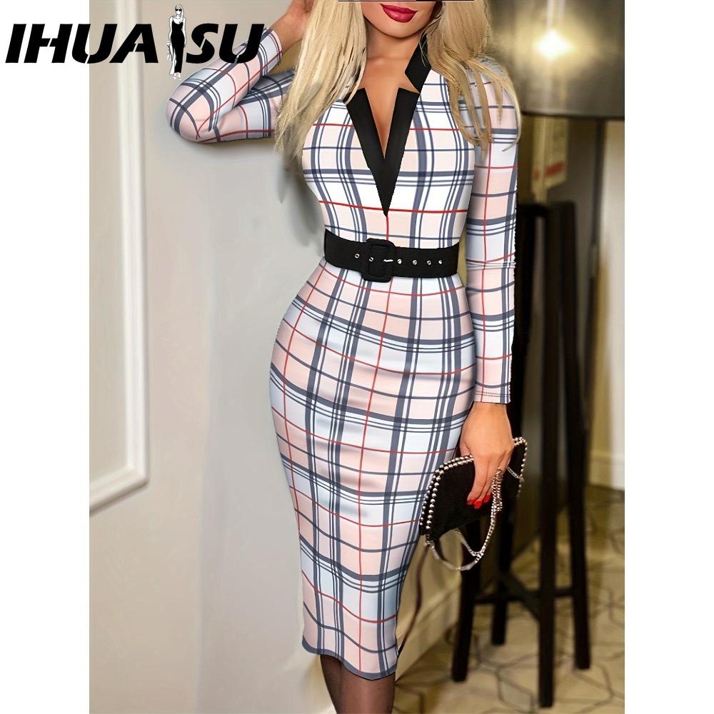 

IHUASU Женская мода Весна Осень Длинный рукав V-образный вырез Завышенная талия Повседневные платья XXXL