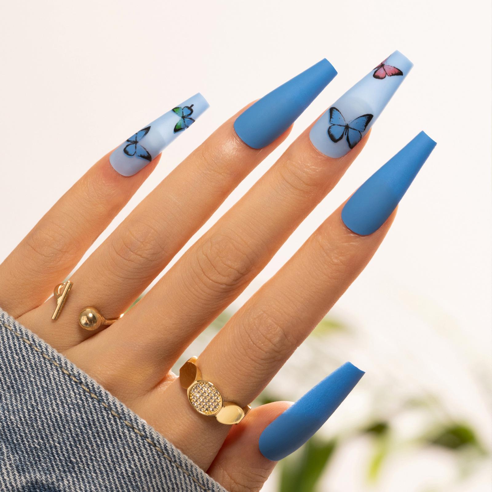 

Blue Butterfly Trapezoid Press-On Nail Tips with Stickers