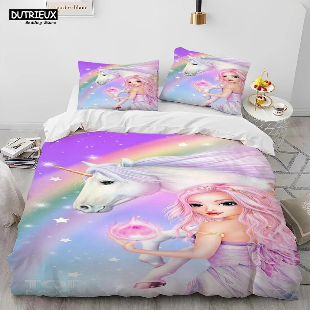Einhorn Niedlich Cartoon Bettdecke Bettwäsche Set,Bettbezug Bett Set Bettdeckenbezug Kissenbezug,Queen Bettwäsche Set