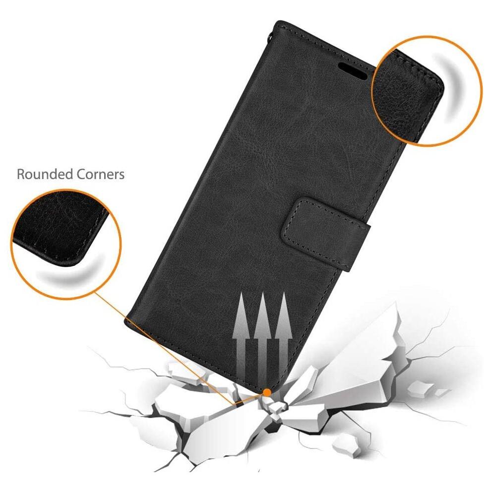 Custodia Portafoglio in Pelle per Galaxy S10 Plus, Custodia Protettiva a Libro con Slot per Carte, Supporto e Cinturino da Polso - Nero