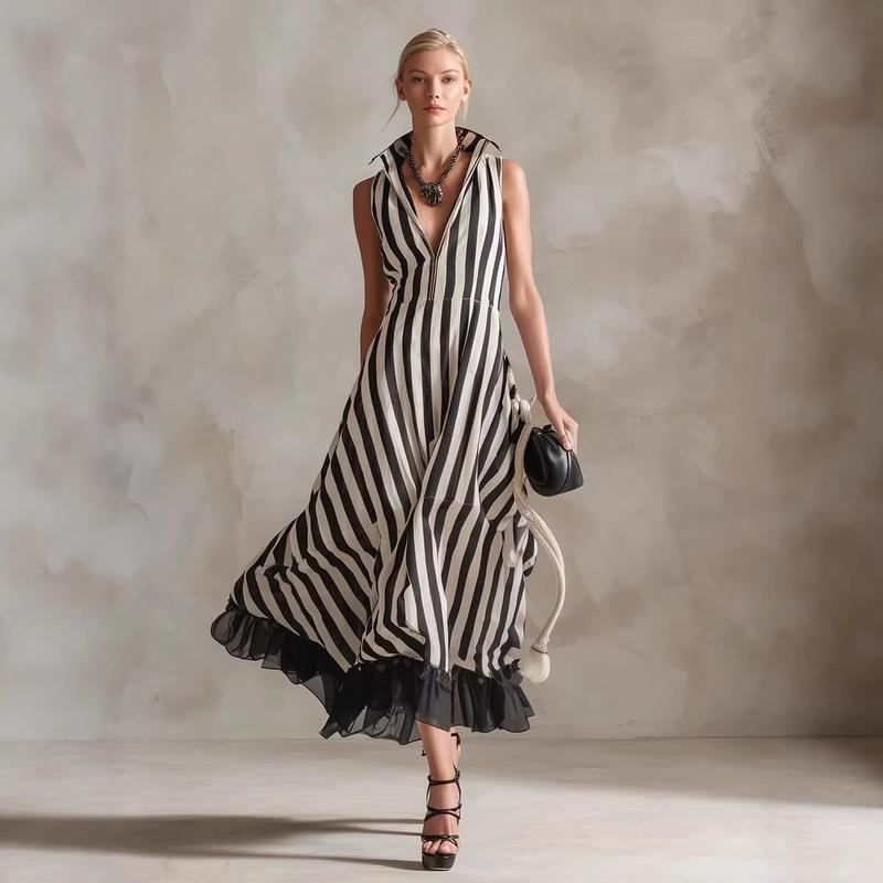 Women's Striped V Neck Sleeveless Maxi Dress Ruffle Hem Loose Summer Vacation Long Dress
