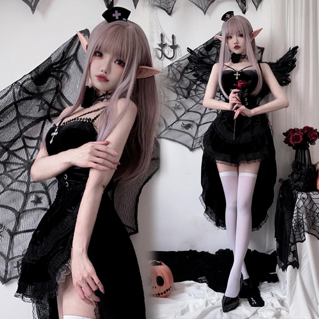 [JUNDOMECY] Witch Devil Cosplay Sexy 6-Piece Set with Feathers and Petticoat, Black and Red, Demon, Vampire, Halloween Costume, Adult Women's, Cute, P
