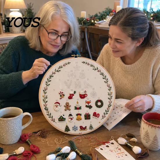 Holiday Sewing Project Kit 24 Days Christmas Tree Embroidery Kit, DIY for Beginners, Handmade Indoor Crafting Hobby Material Pack with Full