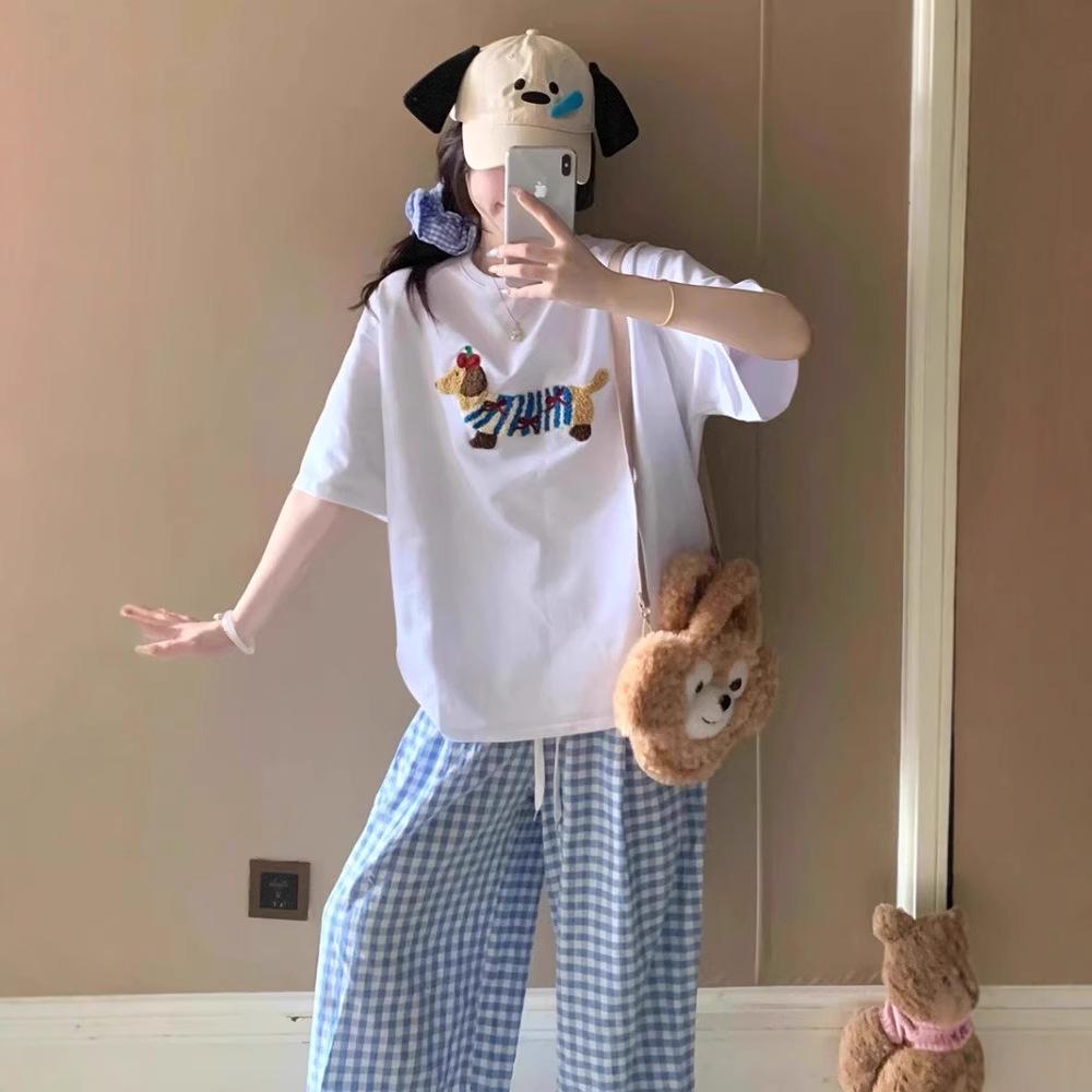 Girlish Dopamine Blue Plaid Women's Summer Wide-Leg Pants - Lazy Casual Yamamoto Style.