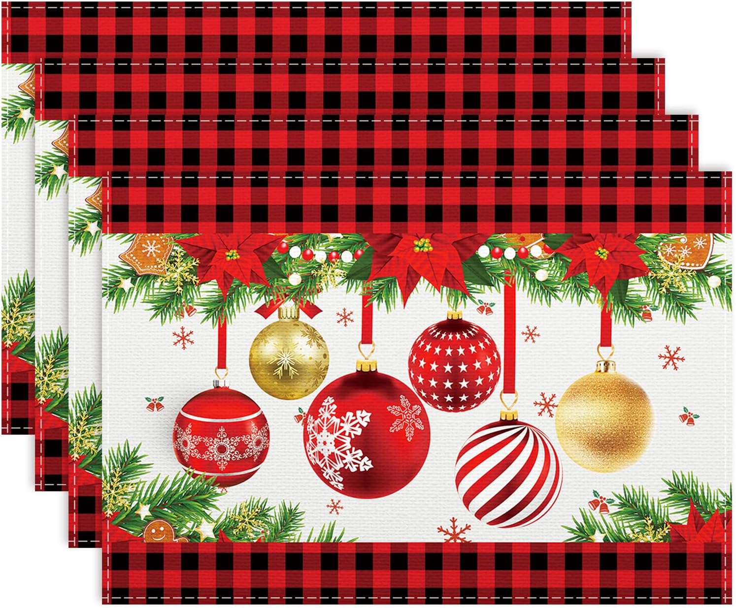 

Christmas Placemats Set of 4, Buffalo Plaid Non-Slip Washable, 12x18 Inch Xmas Dinner Mats for Table Decor, Holiday Party 4pcs