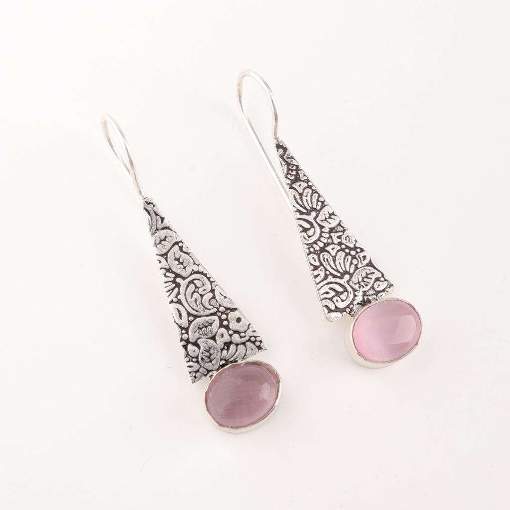 Natural Pink Cat's Eye Gemstone 925 Solid Silver Jewelry Handmade Earrings 1.9" EE-165-37