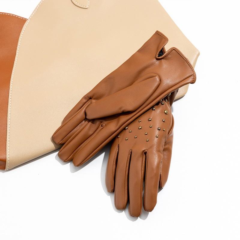 Womens PU Leather Full Finger Gloves With Rivets Punk Style Stage Performance Accessory