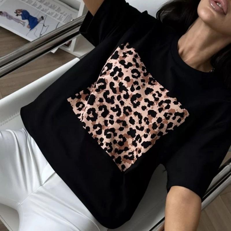 

Футболка из чистого хлопка Женская футболка с коротким рукавом с леопардовым принтом летний топ с рукавом до локтя S чёрный