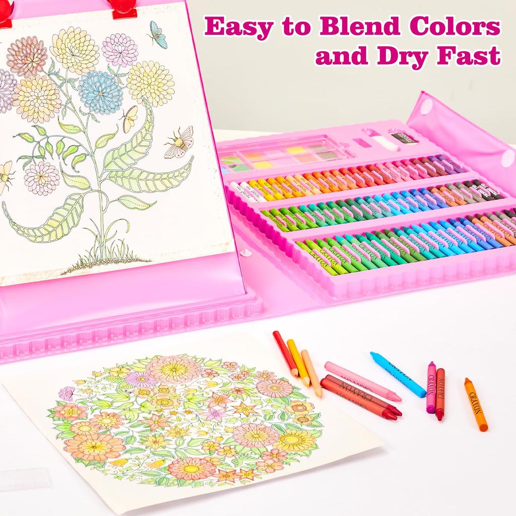KINSPORY 290 Piece Drawing Set for Kids Art Double Sided Easel Watercolor Painting Colored Pencils Paints Markers Crayons School Supplies Art Supplies