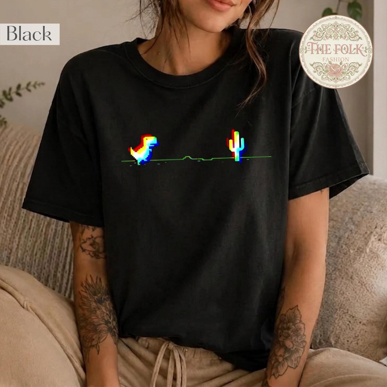 Dinosaur Game Shirt, Glitch T Rex Tee, Retro Gaming Tshirt, No Internet Cactus Shirt, Pixel Art Graphic Tee, Vaporwave Clothing, Geek Shirt 4XL