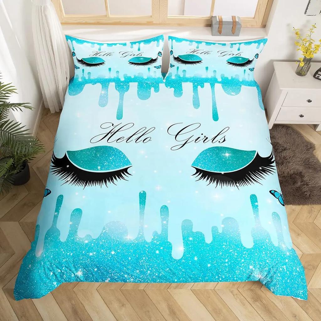 Women Eyelash King Queen Duvet Cover Glitter Galaxy Bedding Set Pink Sequin Ink Fluid Art Quilt Cover Polyester Comforter Cover