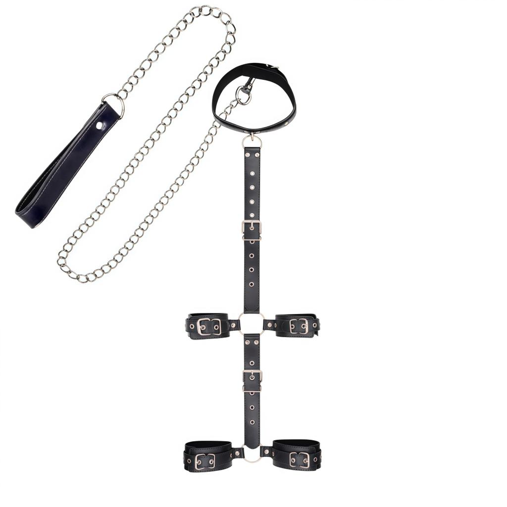 Adjustable Neck To Wrist Ankle BDSM Bondage Kit with Collar Handcuffs Chain Leash Straps for Couples Role Play Sex Toys