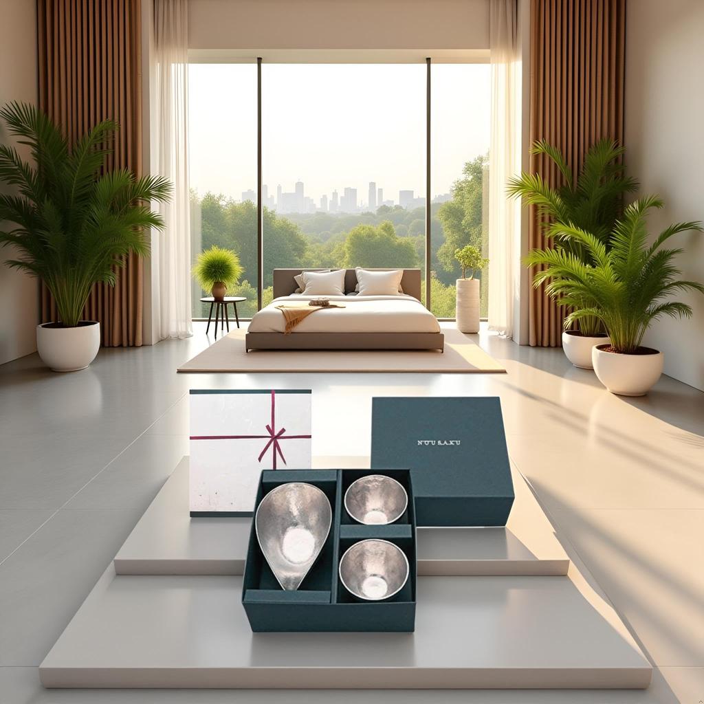 [Handicraft Club Red Ribbon and Washi Paper Wrapping] Nousaku Medium Sake Pitcher (1 Piece) and Tin Sake Cups (Set of 2) KM1=G2