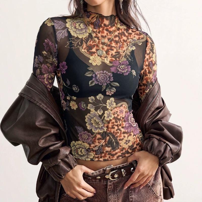 Women S Long Sleeve Floral Print Mesh Slim Fit T Shirt