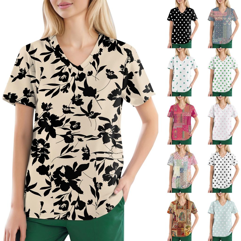 Plus Size Printed Scrub Working Uniform Tops For Women's V-Neck Short Sleeve Fun T-Shirts Workwear Tee With Pockets