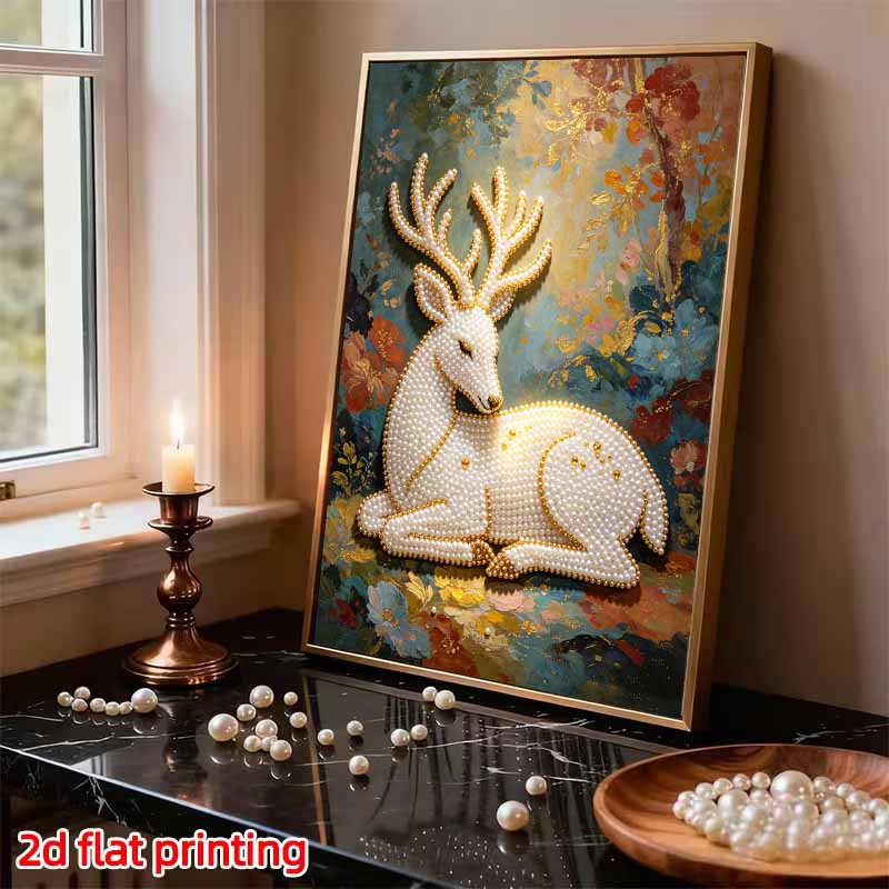 5D Pearl Art Majestic Deer Floral Design DIY Enamel Inlaid Painting Frameless Wall Decor Handmade Craft Gift for Home Bedroom Living Room