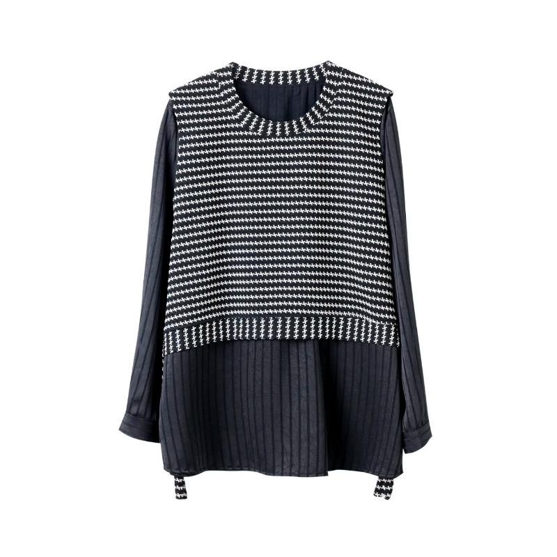 Fashion Two Piece Style Striped Patchwork Shirt Autumn Loose Fit Versatile Stylish Long Sleeve Top