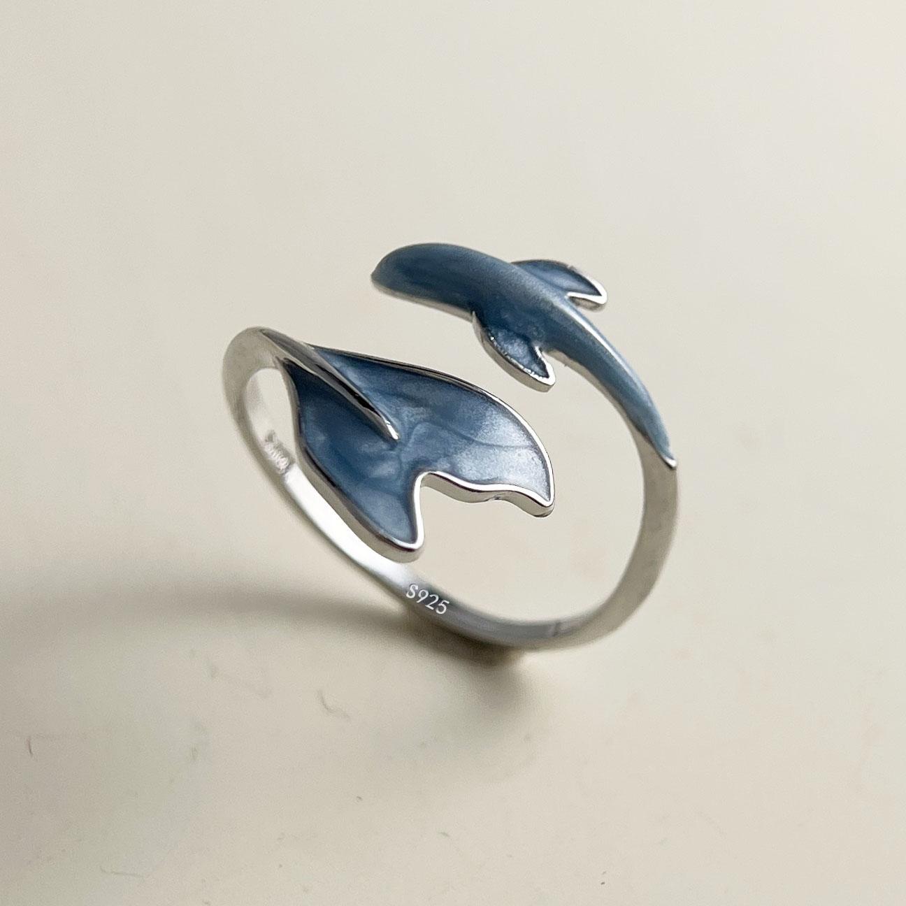 

BF CLUB 925 Sterling Rings for Women Simple Geometric Handmade Irregular Retro Blue Whale Tail Ring Allergy For Birthday Gift resizable