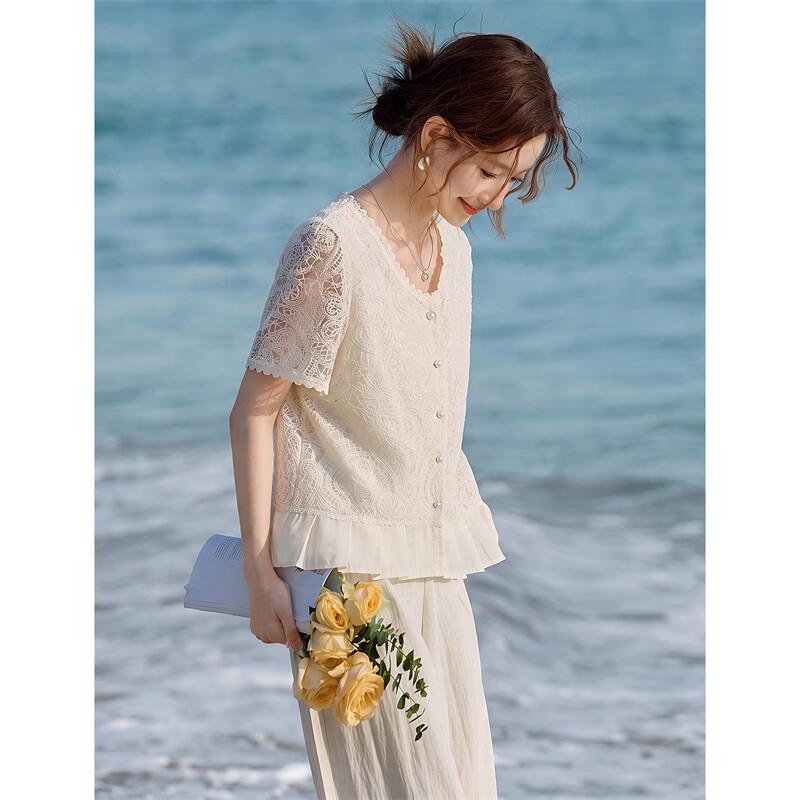 Elegant French Style Lace Patchwork Round Neck Blouse